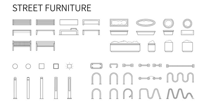 Street furniture CAD blocks vector illustration. Benches, planters, bollards, bike racks, top view and elevation technical drawings