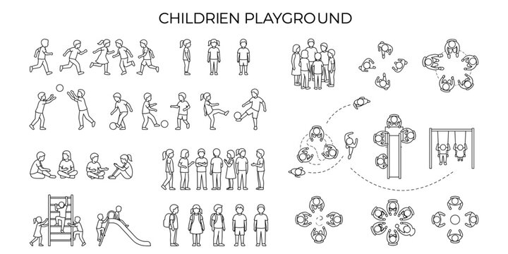 Playground kids CAD people vector illustration. Architectural silhouettes for park plans, top view, front view and elevation figures
