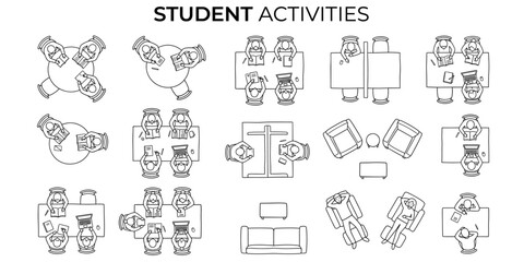 Students studying top view vector illustration. Library, university and classroom people for architectural floor plan diagrams © JIm Studio