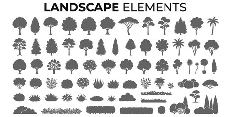 Landscape tree and shrub silhouettes vector illustration. Solid black plant icons for architectural site plans, urban diagrams, garden design and rendering © JIm Studio