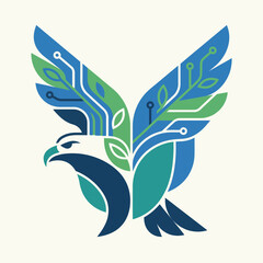 Naklejka premium Stylized eagle logo combining circuit board patterns and green leaves representing eco-friendly technology