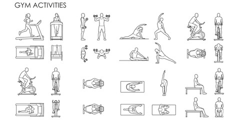 Naklejka premium Gym people silhouettes vector illustration. Architectural fitness figures running, lifting, stretching, cycling and resting for floor plans and elevations