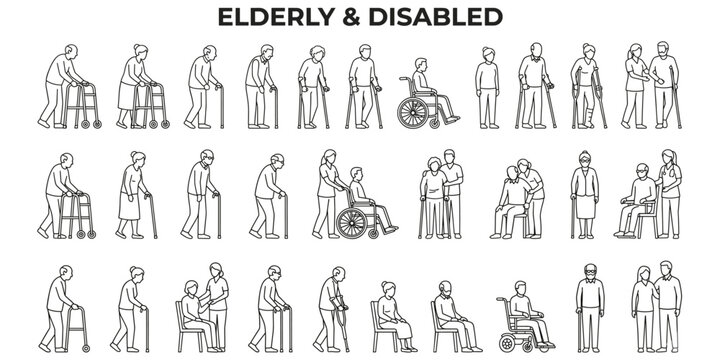 Elderly disabled people vector illustration set. Wheelchair, cane, walker and senior mobility figures for architectural elevation and accessibility diagrams