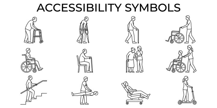 Elderly and disabled people side view vector illustration. Wheelchair, cane, walker and mobility figures for architectural accessibility diagrams