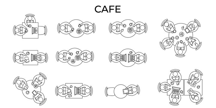 Cafe people top view vector illustration. Sitting at tables, drinking coffee, eating, chatting and laptop working figures for floor plans