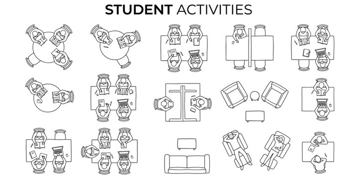 Students studying top view vector illustration. Library, university and classroom people for architectural floor plan diagrams