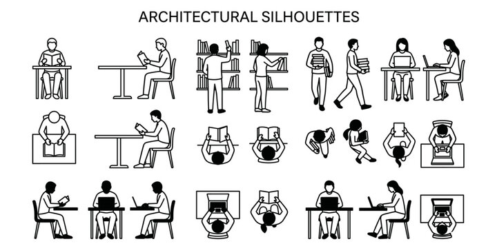 Library people silhouettes vector illustration. Reading at table, browsing bookshelf, walking with books, study poses for architectural plans