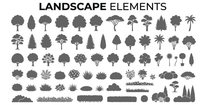 Landscape tree and shrub silhouettes vector illustration. Solid black plant icons for architectural site plans, urban diagrams, garden design and rendering