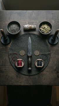 Mystic Witchcraft Ritual Altar with Athame and Ancient Coins
