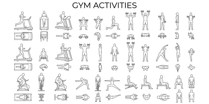 Fitness activity people silhouettes vector illustration. Gym figures for architectural floor plans, section views, elevations and exercise diagrams