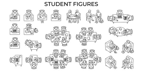 Student top view architectural figures vector illustration. Educational floor plan people, study seating, classroom, library and campus layout symbols © JIm Studio