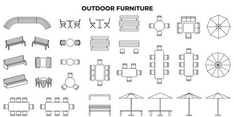 Outdoor furniture CAD blocks vector illustration. Top view benches tables umbrellas and site plan symbols for landscape architecture layouts © JIm Studio