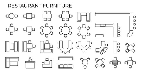 Restaurant furniture CAD blocks vector illustration. Top view tables chairs and bar counter symbols for architectural floor plan layouts © JIm Studio
