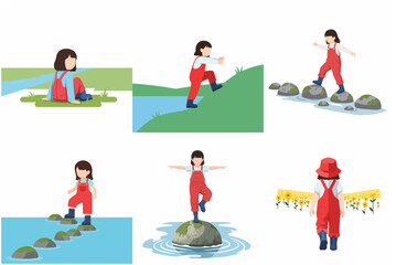 Little girl exploring nature vector illustration set, child adventuring outdoors, crossing river, climbing hill, and balancing on rocks.