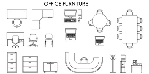 Office furniture CAD blocks vector illustration. Top view desks, chairs, computers, meeting table, reception desk and filing cabinet floor plan symbols © JIm Studio