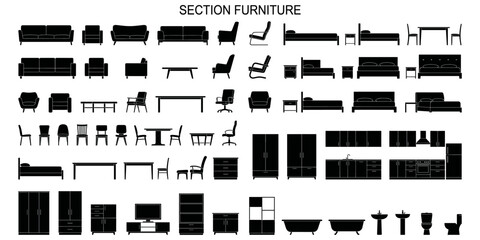 Side view furniture CAD blocks vector illustration. Solid black sofa chair table bed and cabinet silhouettes for architectural sections © JIm Studio