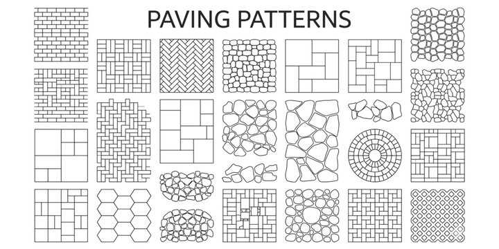 Top view paving pattern vector illustration. Landscape architecture floor materials, patio pavers, sidewalk, stone tile and outdoor site plan textures