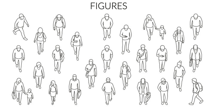 Architectural people entourage scale figures vector illustration. Walking and standing human silhouettes for rendering and technical drawings