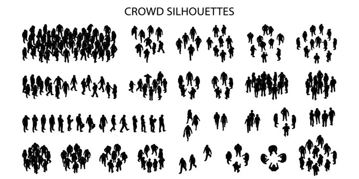Top view crowd people CAD blocks vector illustration. Solid black human group silhouettes, urban site plan symbols for city planning