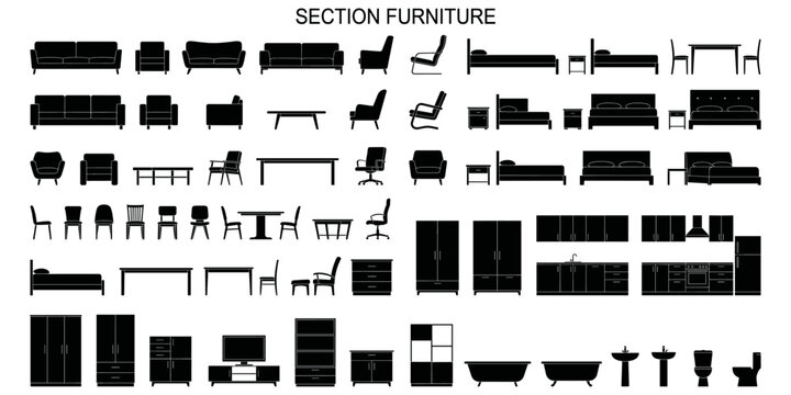 Side view furniture CAD blocks vector illustration. Solid black sofa chair table bed and cabinet silhouettes for architectural sections