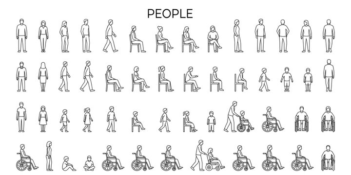 Architectural people CAD figures vector illustration. Elevation scale silhouettes of adults children and wheelchair users for inclusive layouts