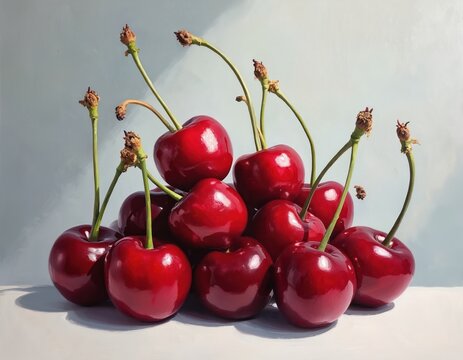Pile of ripe, glossy red cherries painted in oil. Juicy fruits rest on white surface with soft grey background. Healthy, sweet, vibrant produce art, realistic detail and shadow.