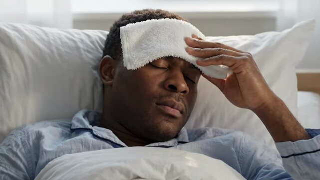 Man with fever lying in bed with a cool compress on his forehead