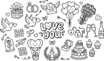 Fototapeta premium Set of cute hand-drawn love and wedding doodles featuring romantic symbols, celebration icons, and anniversary elements for design