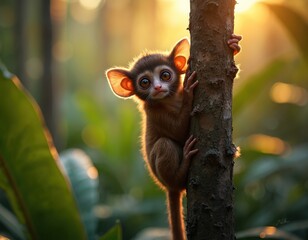 Obraz premium Small primate with big eyes grips tree trunk. Curious tarsier clings to bark in rich forest. Warm sunlight illuminates cute creature at dusk.