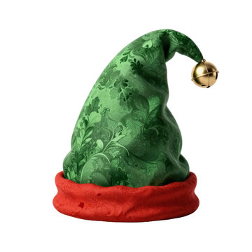 Festive christmas elf hat with floral pattern and gold bell against white background