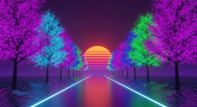 Vibrant neon glowing trees lining a symmetric pathway into a digital sunset, creating a retro futuristic forest tunnel with purple haze, sci-fi, horizon, pathway