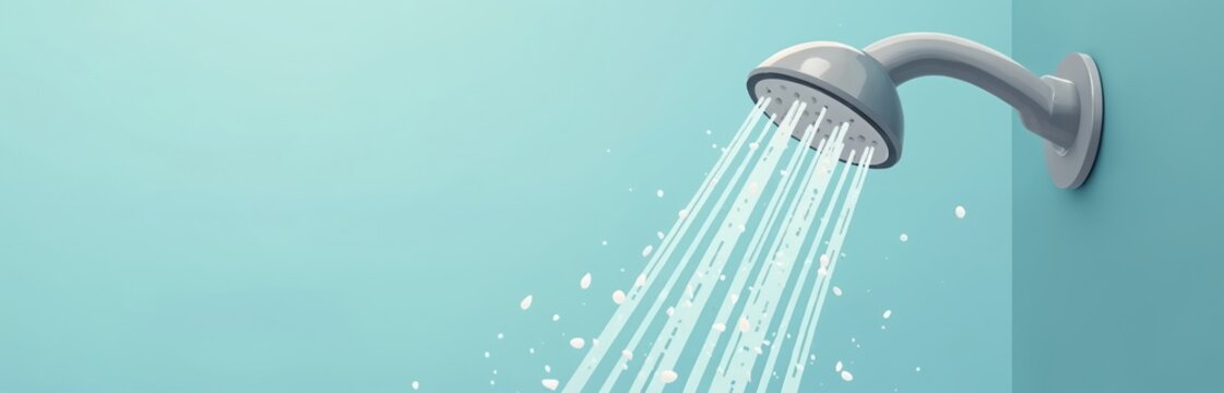 Modern showerhead sprays clean water. This bathroom fixture saves water and energy. Simple flat design illustrates conservation concepts. Minimalist illustration for eco living.