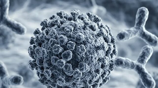 3d render of a hantavirus particle being attacked by antibodies