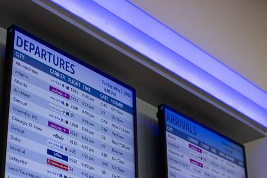 Houston, TX, USA - May 3, 2026: Departures and arrivals board at George Bush Intercontinental Airport (IAH) in Houston, Texas.