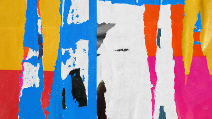 Old colorful posters ripped torn crumpled paper abstract grunge texture wall backdrop placard surface, collage urban street posters background  © Nikola