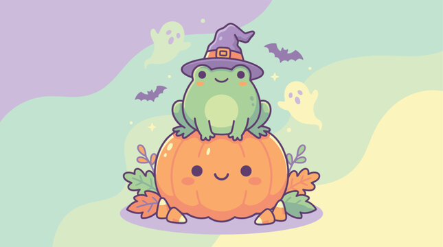 Cute Cartoon Frog as Witch with Pumpkin and Purple Hat in Fantasy Landscape Illustration