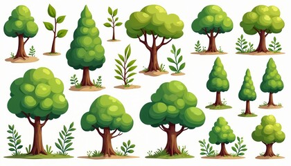 Fototapeta premium Collection of cartoon trees, plants in style. Various types of deciduous, coniferous trees with green foliage, branches, brown trunks. Small seedlings, bushes add variety to nature illustration.