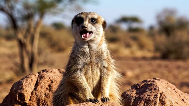 Meerkat standing watch and barking in dry savanna environment on a sunny day