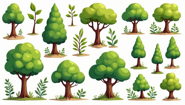 Collection of cartoon trees, plants in style. Various types of deciduous, coniferous trees with green foliage, branches, brown trunks. Small seedlings, bushes add variety to nature illustration.