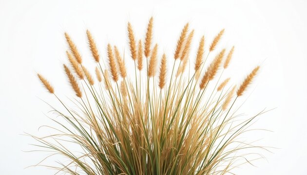 Switchgrass plant with tall feathery seed heads stands on white background. Natural wild grass for ecological design and agriculture illustration.