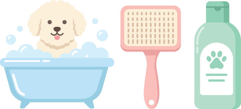 Cute Dog Bathing in Tub with Grooming Brush and Shampoo Bottle Vector Illustration