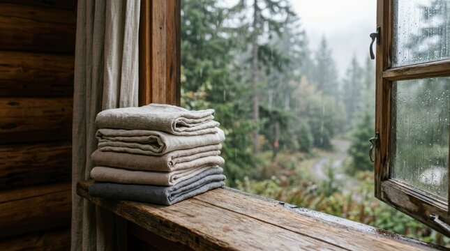 Stack of folded soft blankets on a wooden windowsill inside a rustic cabin. View of a rainy autumn forest landscape through an open window. Cozy home interior, relaxation and comfort.