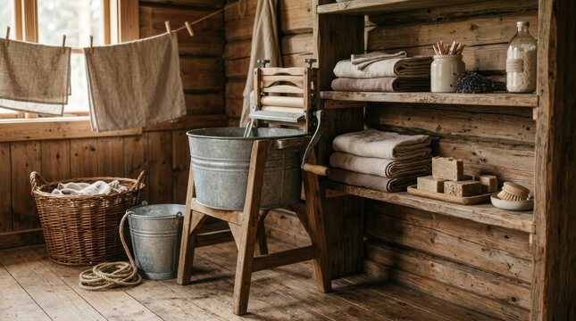 Vintage laundry room with metal wringer tub in wooden house. Manual clothes washing process and rustic farmhouse interior. Traditional housework chores and sustainable home lifestyle.