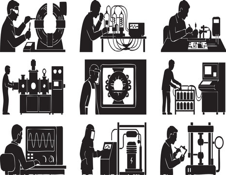 Advanced physics and experimental science icon silhouette set; Silhouettes of lab scientists working with magnetic fields, plasma energy transfer and high voltage testing