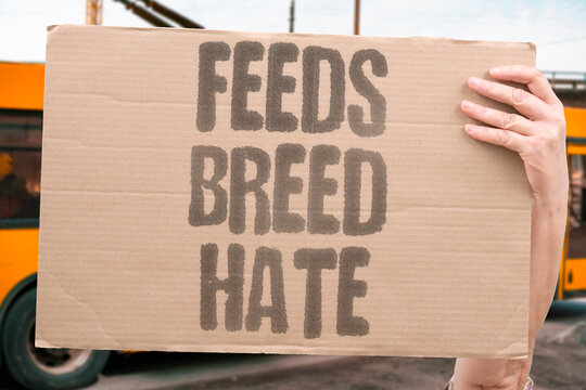 "Feeds breed hate" Algorithmic content amplifies division. FEEDS. HATE. DIVISION. ALGORITHM. TOXIC.