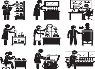 Fototapeta premium Set of pharmaceutical research and drug manufacturing black silhouette icons; representing laboratory scientists, medical development and vaccine production processes