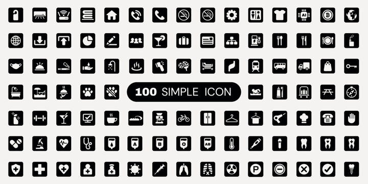 Vector set of 100 simple black icons on various topics in a grid layout.