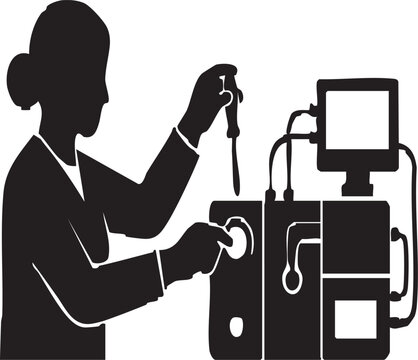 Silhouette of a lab assistant adjusting and calibrating precise scientific measuring equipment with modular components