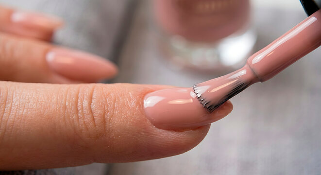 Applying a self-leveling camouflage rubber base coat close to the cuticle area using a panoramic brush, gel polish overlays procedure, almond-shaped nails, nude pink gel polish, manicure process