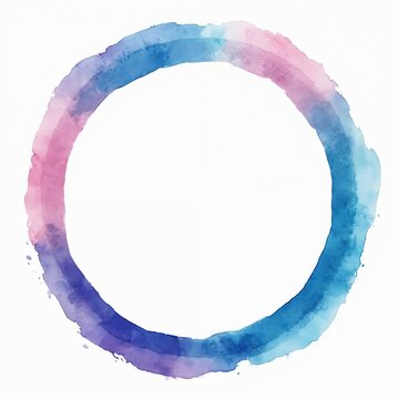 Abstract watercolor circle painted in blue pink and purple hues. Watery paint stroke creates a soft, imperfect round border. Blank center area offers space for text or design.